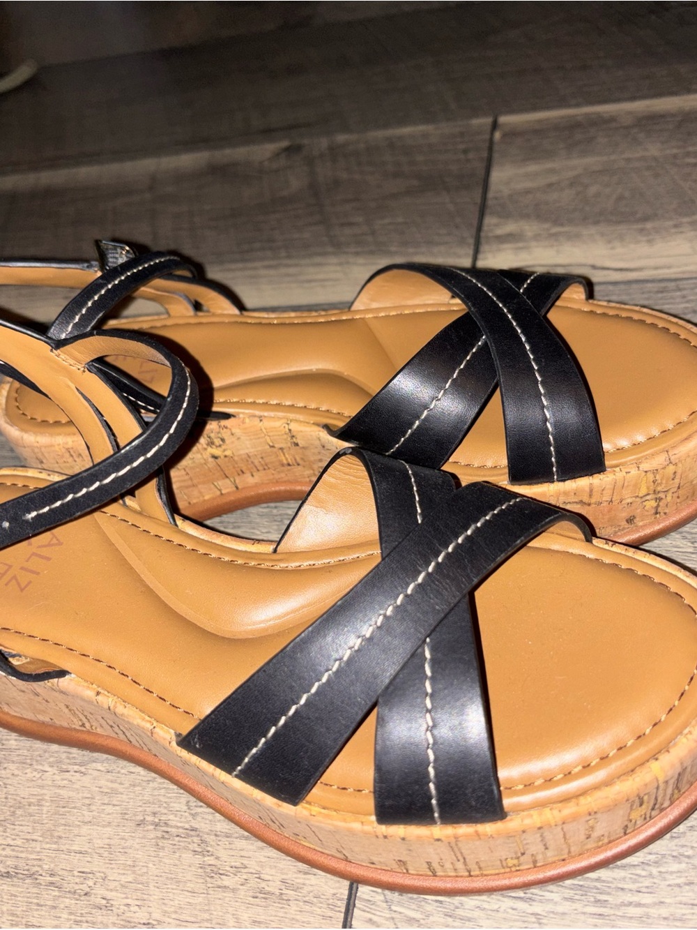 Nordstrom Black Leather Cork Wedge Sandals with Ankle Strap